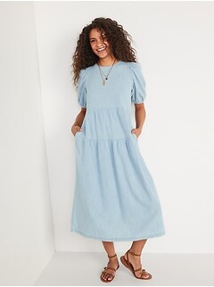 Tiered Chambray Puff-Sleeve All-Day ...