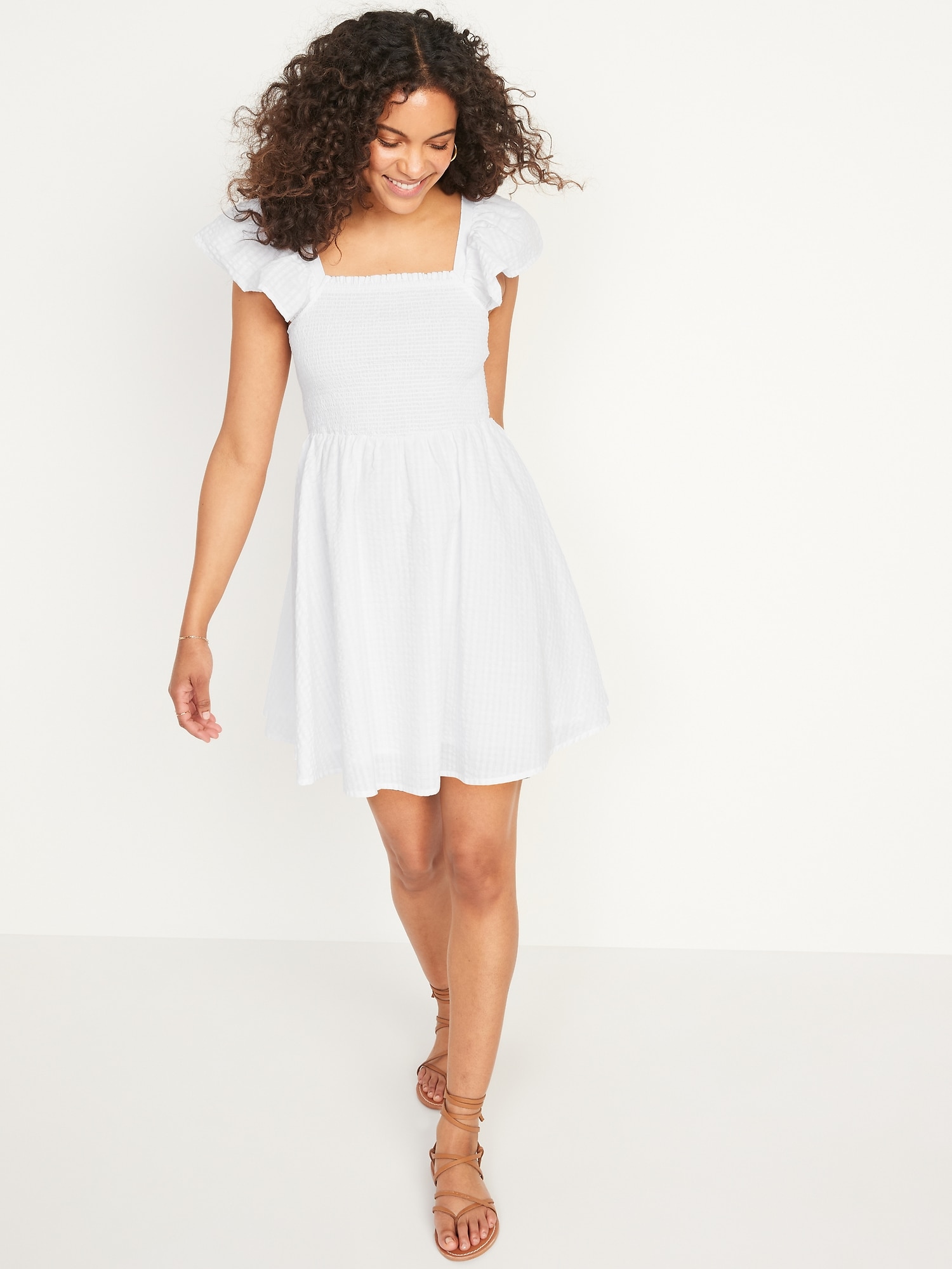 Fit & Flare Flutter-Sleeve Smocked Seersucker Mini Dress for Women