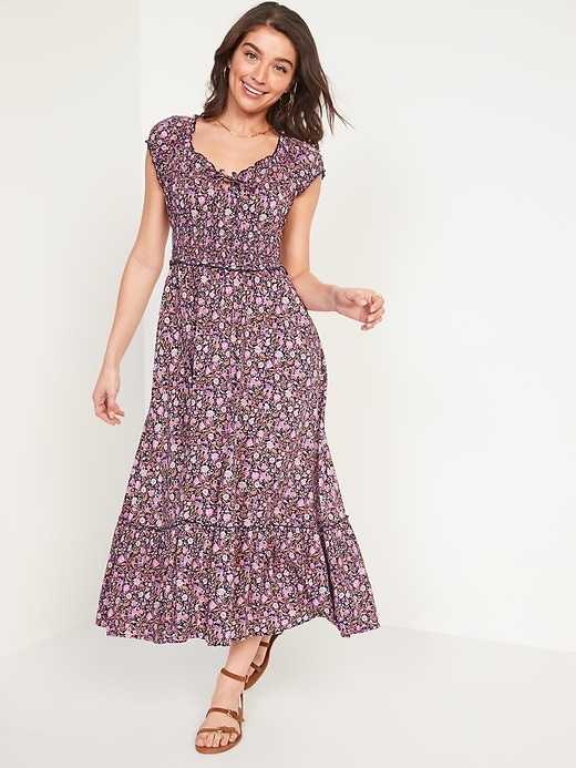 Image number 1 showing, Waist-Defined Short-Sleeve Printed Midi Dress