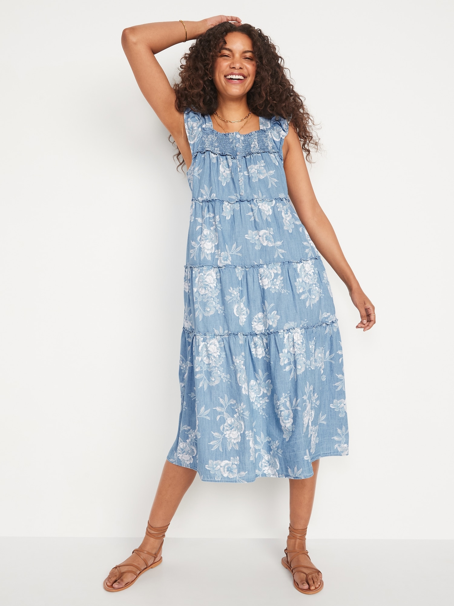 Flutter-Sleeve Floral Tiered Smocked Midi Swing Dress for Women | Old Navy