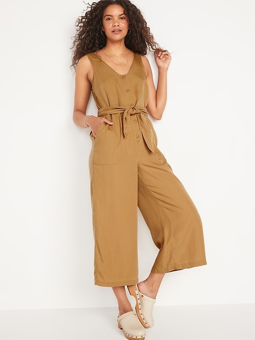 Image number 1 showing, Sleeveless Voop-Neck Waist-Defined Jumpsuit for Women