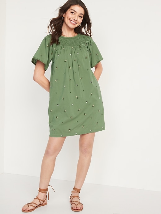 Old Navy - Flutter-Sleeve Smocked Floral-Embroidered Mini Swing Dress ...