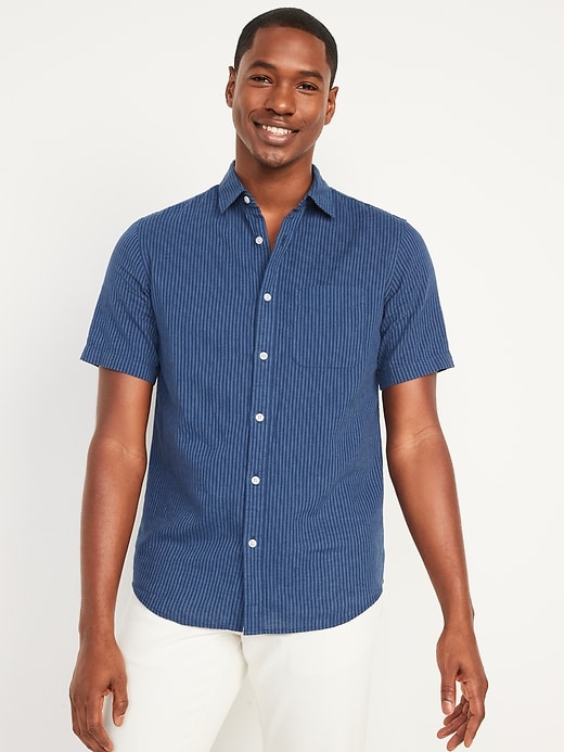 View large product image 1 of 1. Patterned Linen-Blend Everyday Short-Sleeve Shirt