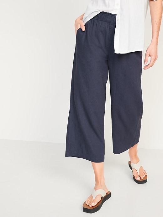 Image number 1 showing, High-Waisted Lettuce-Edge Linen-Blend Culotte Pants for Women