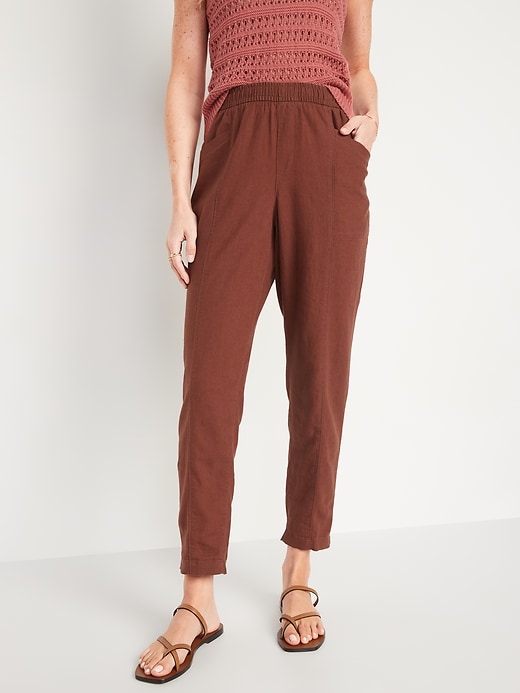 Image number 1 showing, High-Waisted Cropped Linen-Blend Pants