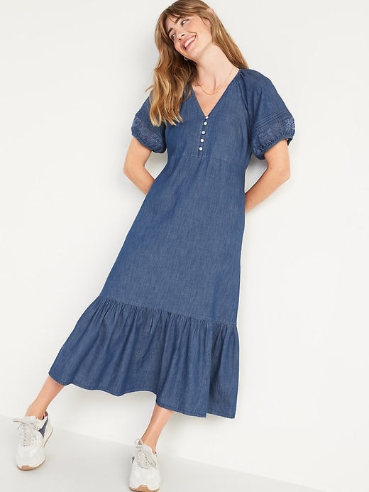 Image number 1 showing, Chambray Puff-Sleeve All-Day Maxi Swing Dress