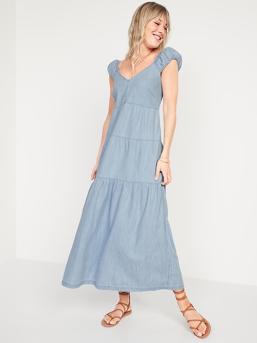 Image number 1 showing, Chambray Tiered All-Day Fit & Flare Maxi Dress for Women