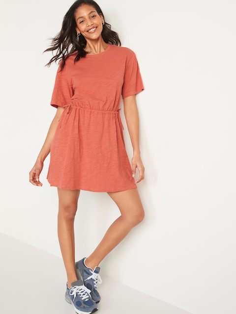 Waist-Defined Short-Sleeve Slub-Knit Mini T-Shirt Dress - Sugar Poppy