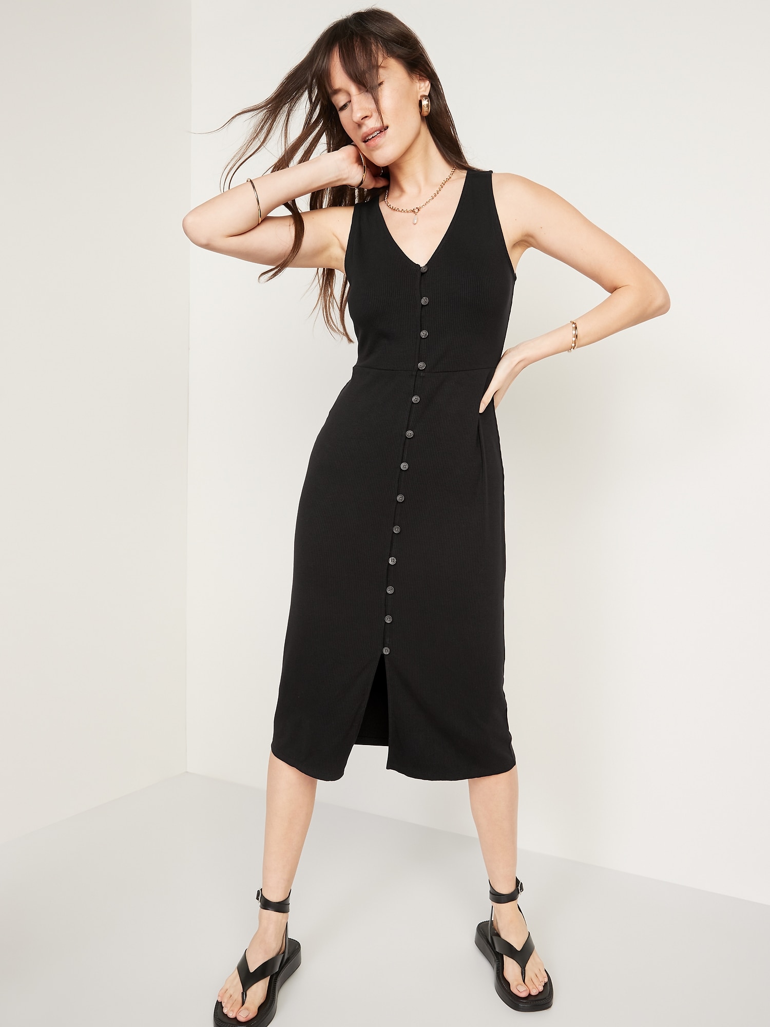 Fitted Sleeveless Rib-Knit Button-Front Midi Dress for Women | Old Navy