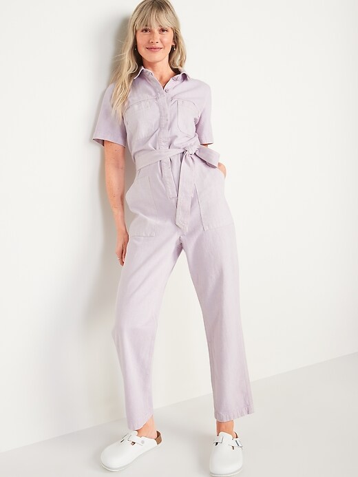 Image number 1 showing, Short-Sleeve Cropped Tie-Belt Utility Non-Stretch Jean Jumpsuit for Women
