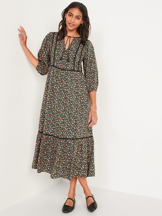 Image number 1 showing, Tie-Neck 3/4-Sleeve All-Day Maxi Swing Dress