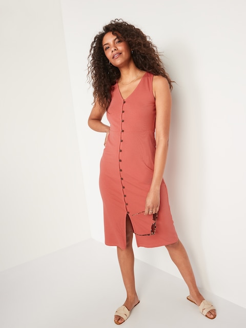 Fitted Sleeveless Rib-Knit Button-Front Midi Dress