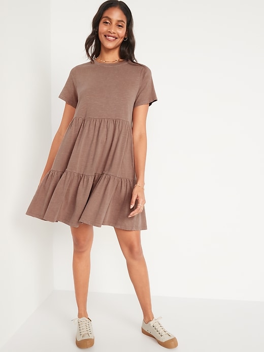 Image number 1 showing, Short-Sleeve Tiered Mini Swing Dress for Women