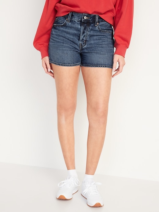 Image number 1 showing, High-Waisted Button-Fly Slouchy Straight Non-Stretch Jean Shorts for Women -- 3-inch inseam