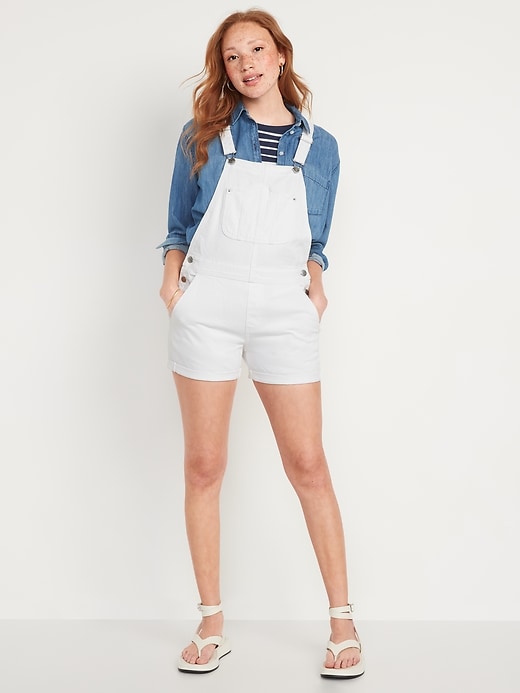 Image number 1 showing, Slouchy Straight Workwear White Non-Stretch Jean Short Overalls for Women -- 3.5-inch inseam