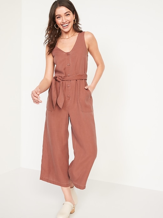 Image number 1 showing, Sleeveless Voop-Neck Waist-Defined Jumpsuit