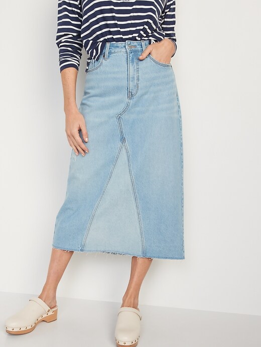 Image number 1 showing, Higher High-Waisted Light-Wash Cut-Off Jean Maxi Skirt
