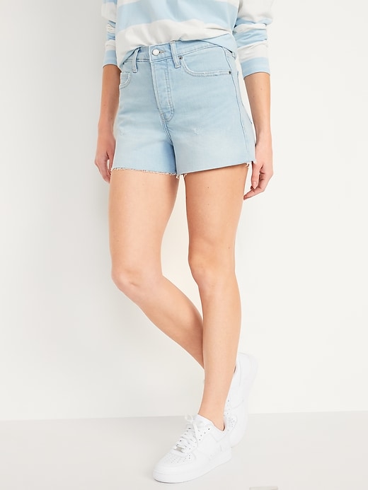 Image number 1 showing, Higher High-Waisted Button-Fly Sky-Hi A-Line Cut-Off Jean Shorts for Women -- 3-inch inseam