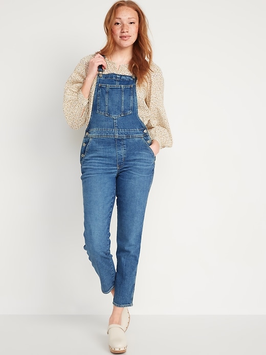 Image number 1 showing, O.G. Straight Medium-Wash Ripped Jean Overalls for Women