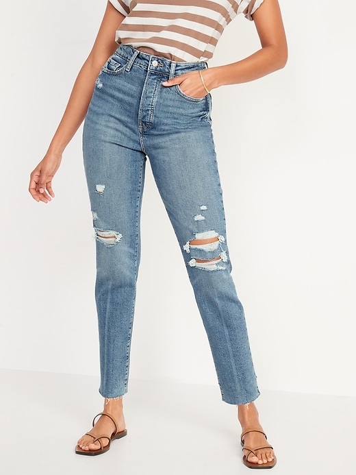 Image number 1 showing, Higher High-Rise Button-Fly O.G. Straight Distressed Cut-Off Jeans for Women