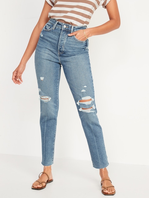 Higher High-Rise Button-Fly OG Straight Cut-Off Jeans - Medium Ripped