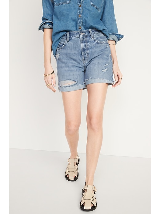 Image number 1 showing, High-Waisted Slouchy Straight Non-Stretch Distressed Jean Shorts for Women -- 5-inch inseam