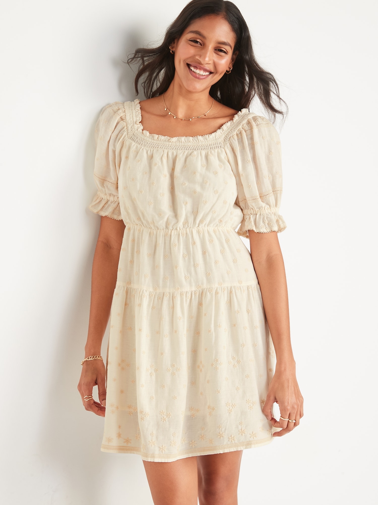 Oldnavy Puff-Sleeve Tiered Smocked Embroidered Mini Swing Dress for Women