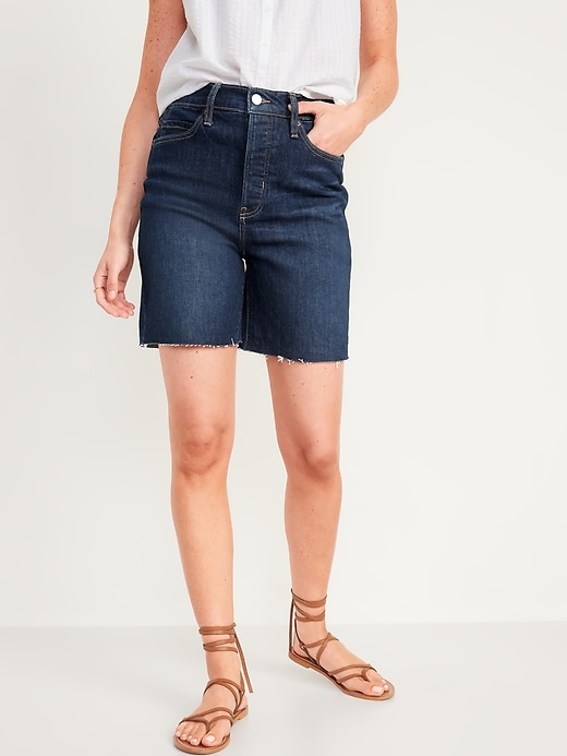 Image number 1 showing, Extra High-Waisted Button-Fly Sky-Hi Straight Cut-Off Jean Shorts for Women -- 7-inch inseam