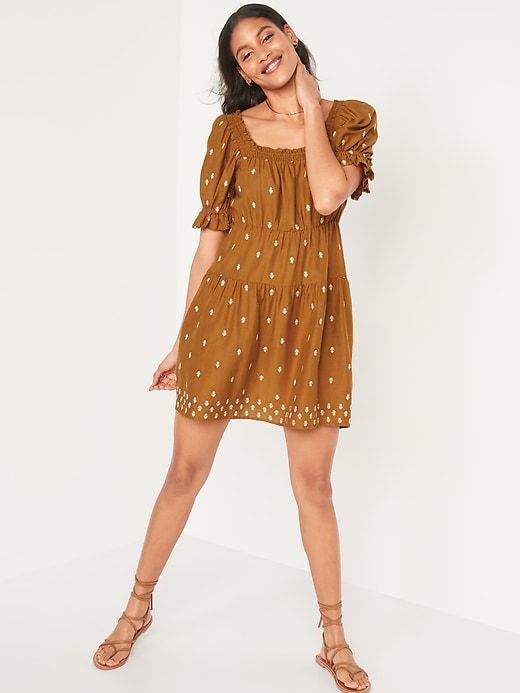 Image number 1 showing, Puff-Sleeve Tiered Smocked Embroidered Mini Swing Dress