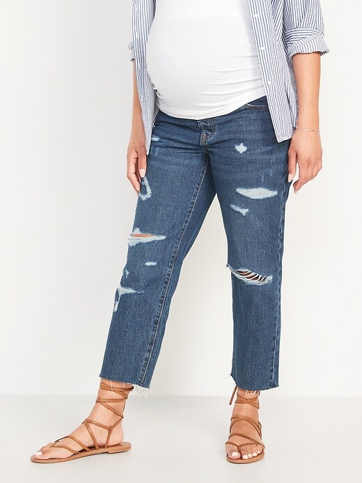 Image number 1 showing, Maternity Full Panel Slouchy Straight Ripped Cropped Jeans