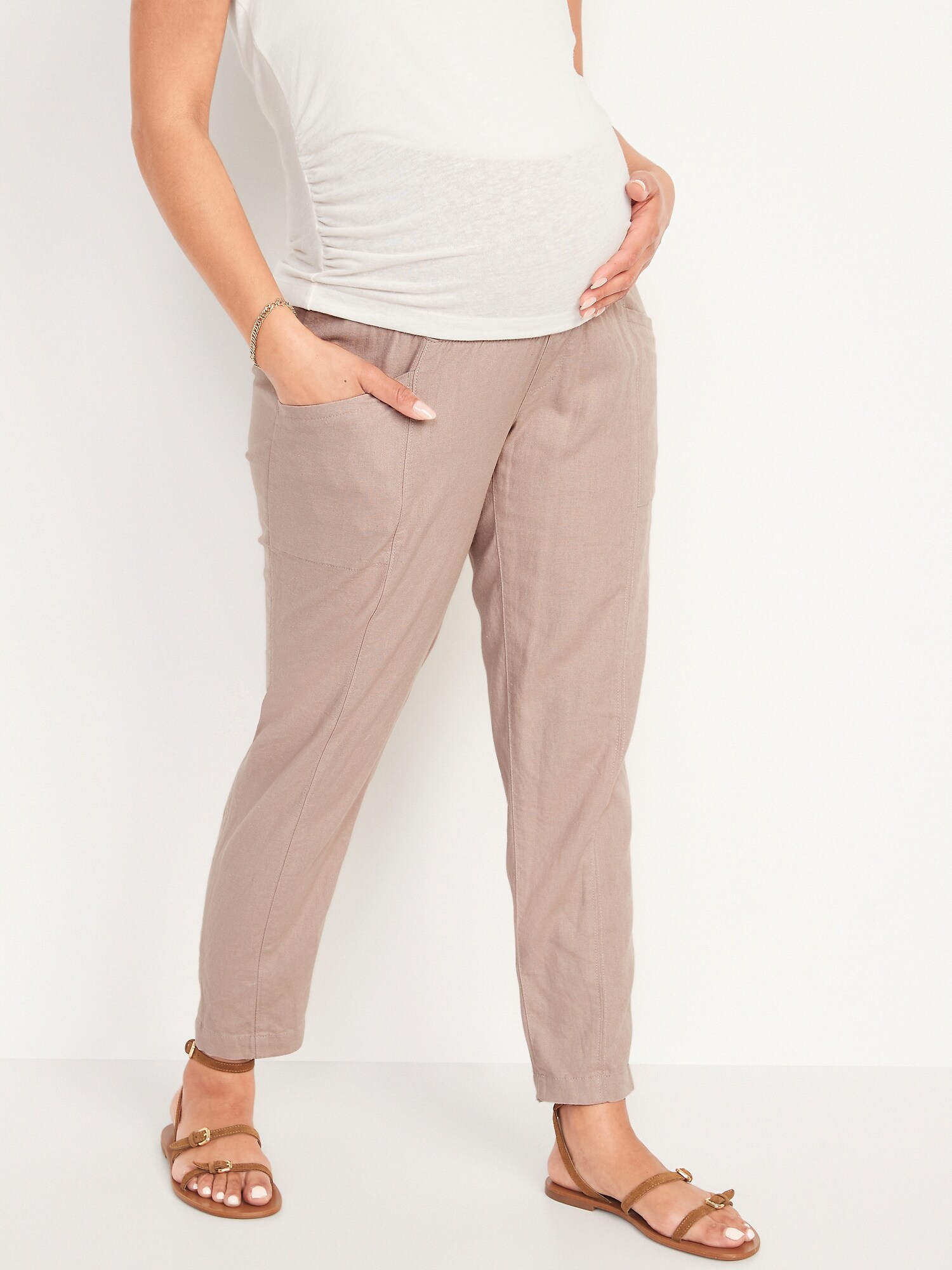 Maternity Rollover-Waist Linen-Blend Cropped Pants