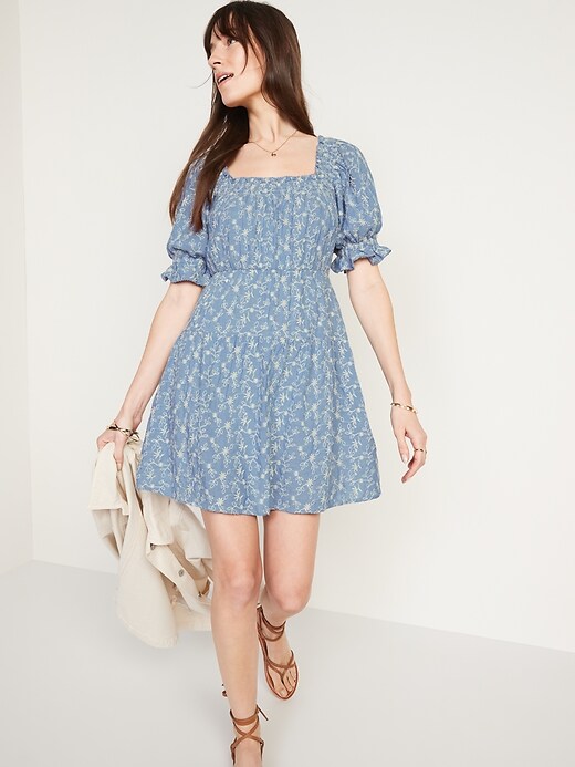 old navy tiered mini swing dress Old Navy + Puff-Sleeve Tiered Smocked Embroidered Mini Swing Dress for Women
