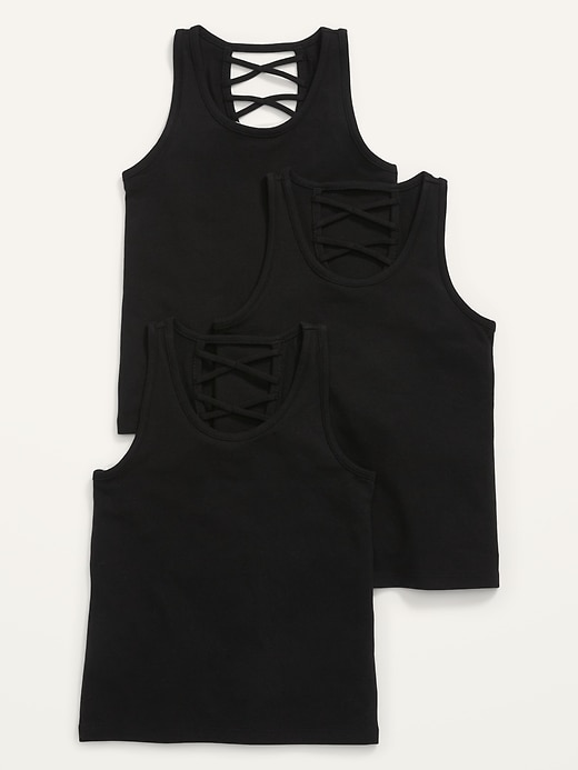 View large product image 1 of 2. Solid Lattice-Back Tank Top 3-Pack for Girls