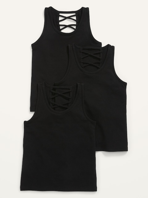 Solid Lattice-Back Tank Top 3-Pack for Girls - Blackjack