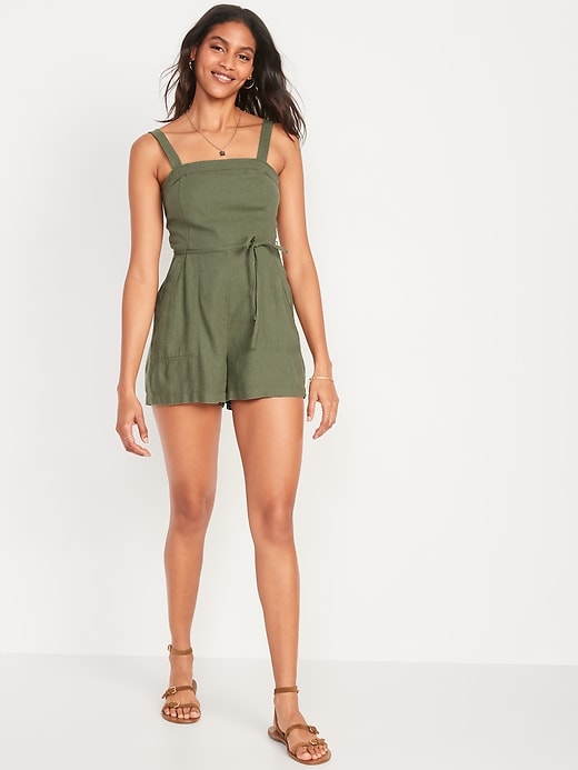 Image number 1 showing, Sleeveless Waist-Defined Linen-Blend Utility Romper for Women -- 3.5-inch inseam