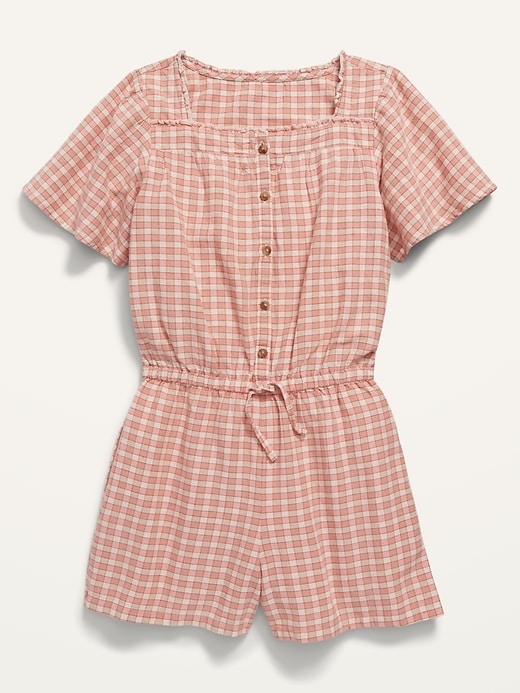 View large product image 1 of 3. Plaid Button-Front Tie-Waist Flutter-Sleeve Romper for Girls