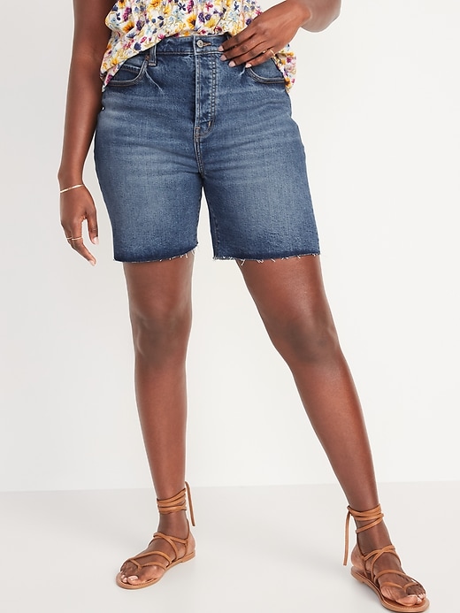 Image number 1 showing, Extra High-Waisted Sky-Hi Button-Fly Cut-Off Jean Shorts-- 7-inch inseam
