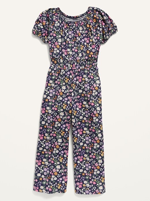 View large product image 1 of 1. Short-Sleeve Jersey-Knit Smocked Jumpsuit for Girls