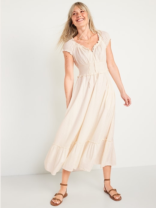Puff-Sleeve Waist-Defined Clip-Dot Midi Dress for Women