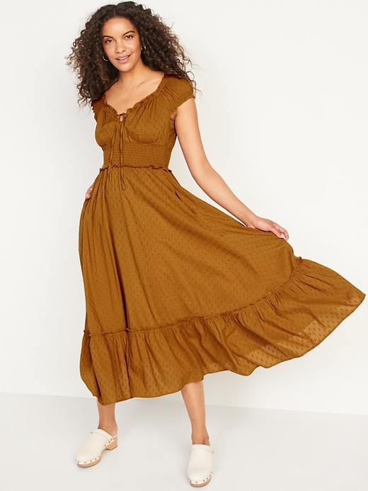 Waist-Defined Puff-Sleeve Clip-Dot Midi Dress | Old Navy