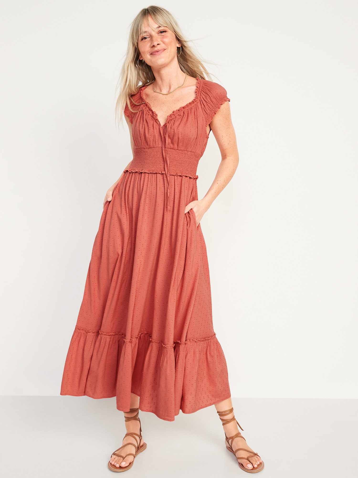 Oldnavy Waist-Defined Puff-Sleeve Clip-Dot Midi Dress for Women