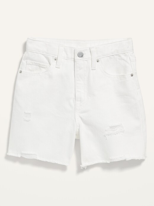 View large product image 1 of 2. High-Waisted White Slouchy Ripped Cut-Off Jean Midi Shorts for Girls