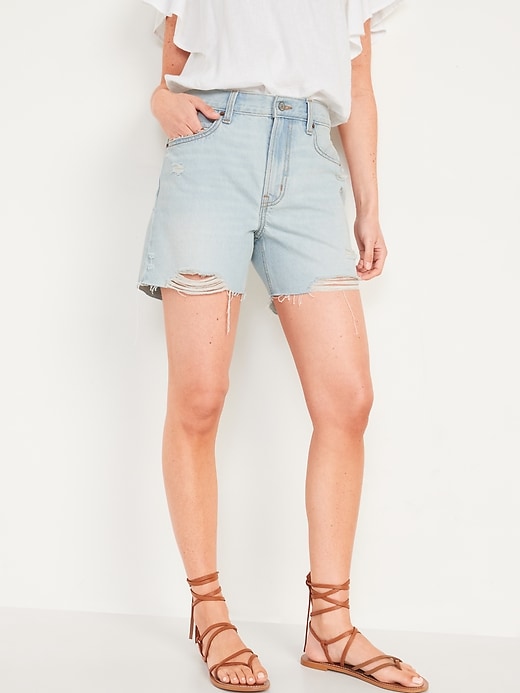 Image number 1 showing, High-Waisted Slouchy Straight Distressed Jean Shorts for Women -- 5-inch inseam
