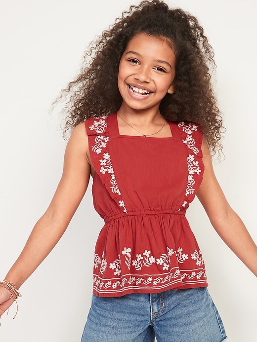 View large product image 1 of 4. Sleeveless Matching Embroidery Ruffled Apron-Style Top for Girls