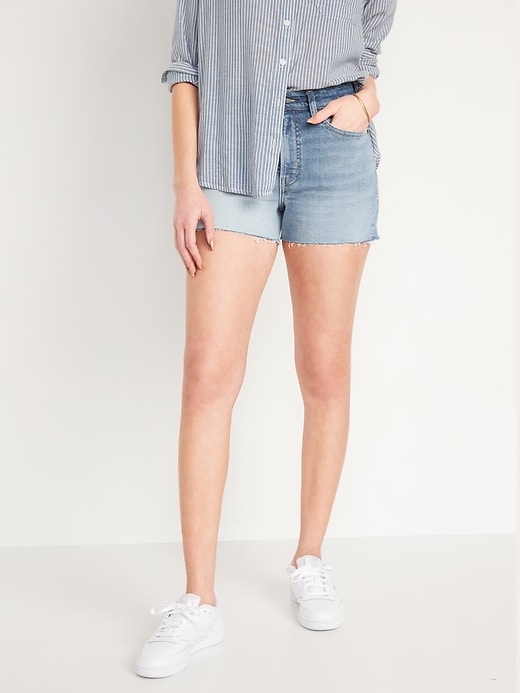 Image number 1 showing, High-Waisted O.G. Straight Two-Tone Cut-Off Jean Shorts -- 3-inch inseam