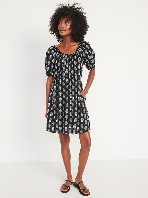 Image number 1 showing, Puff-Sleeve Printed Tie-Back Mini Swing Dress for Women