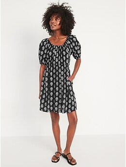 Puff Sleeve Printed Tie Back Mini Swing Dress for Women Old Navy