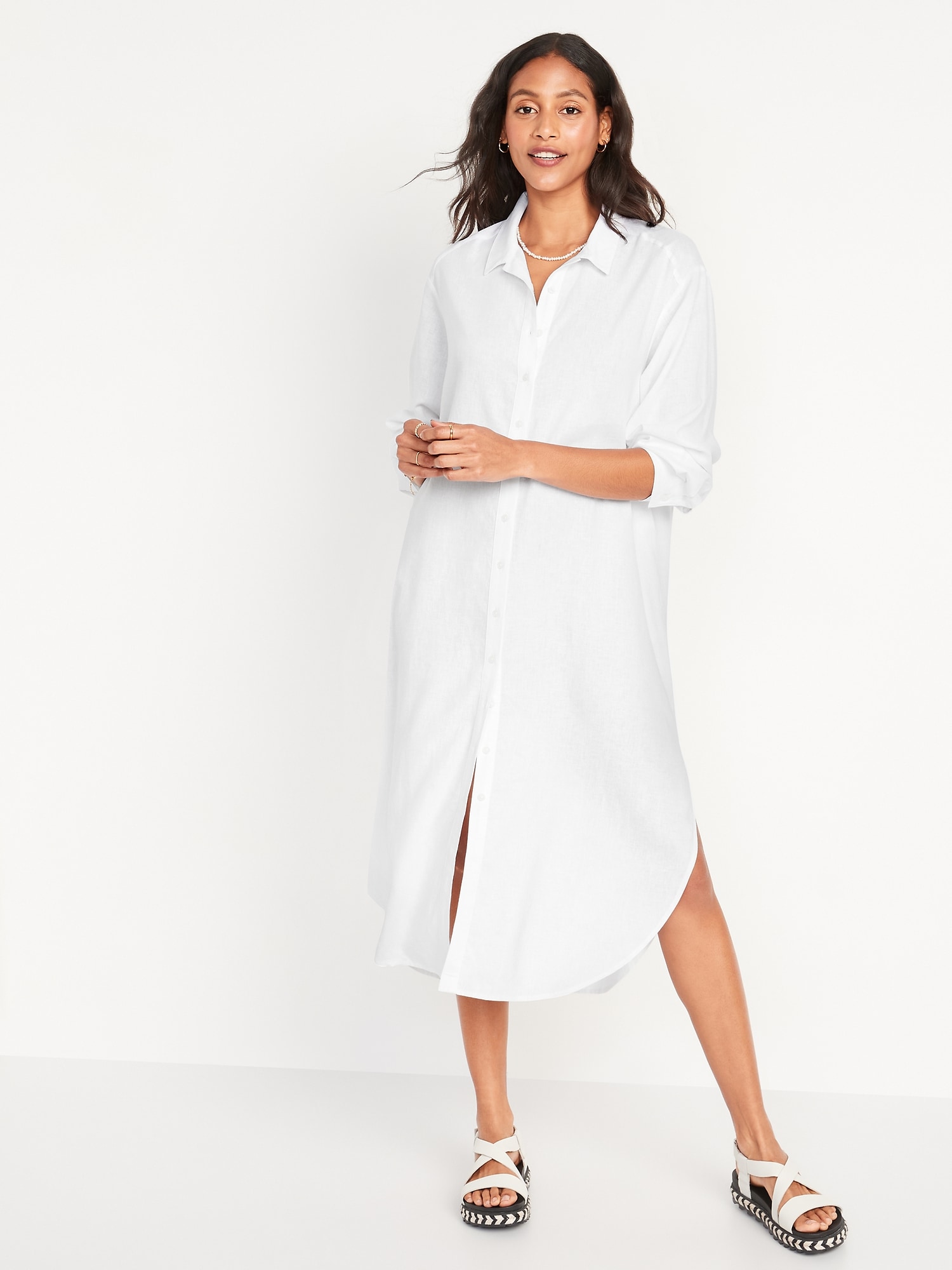 Long-Sleeve Linen-Blend Midi Shirt ...