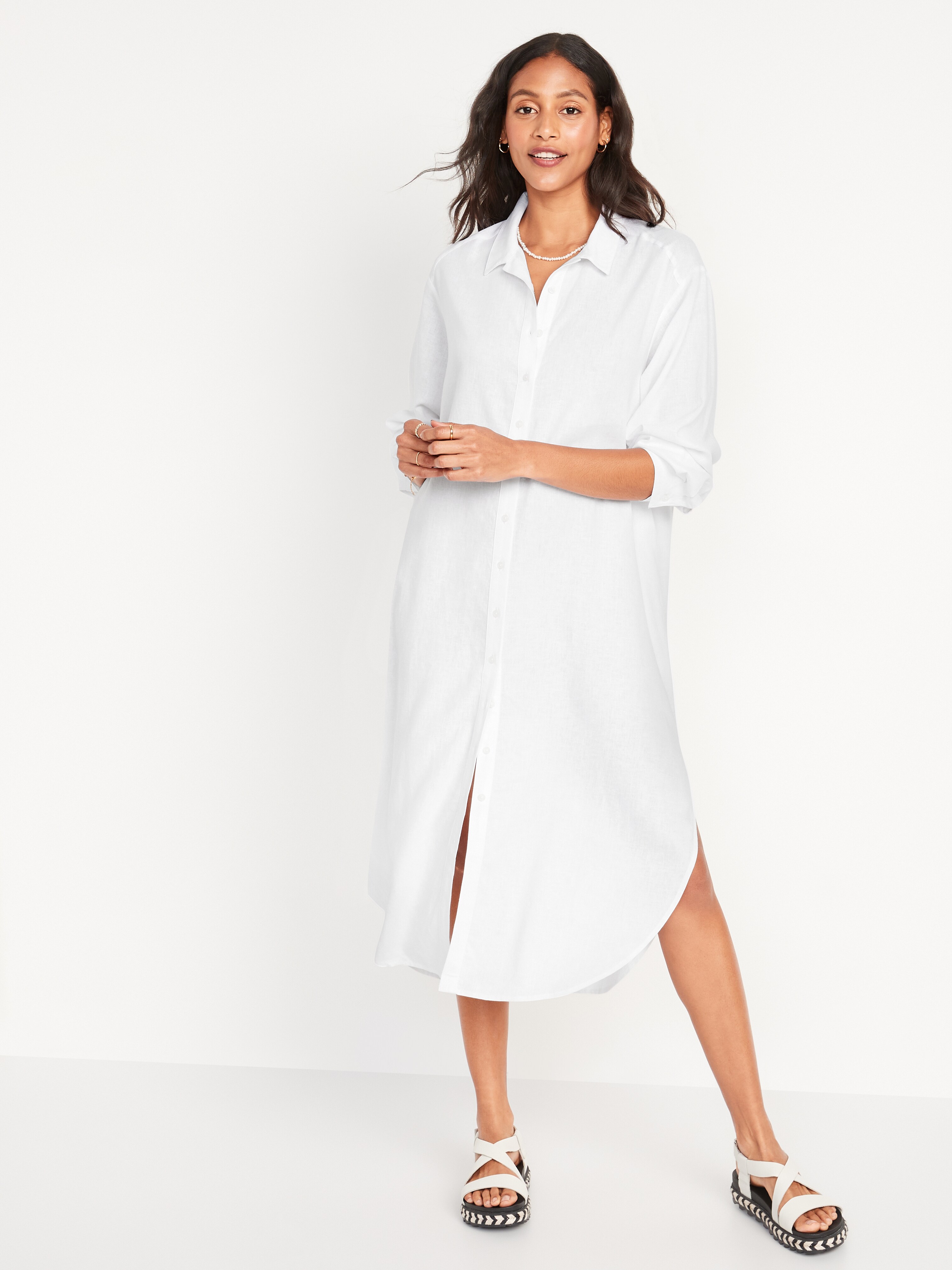 Long-Sleeve Linen-Blend Midi Shirt 