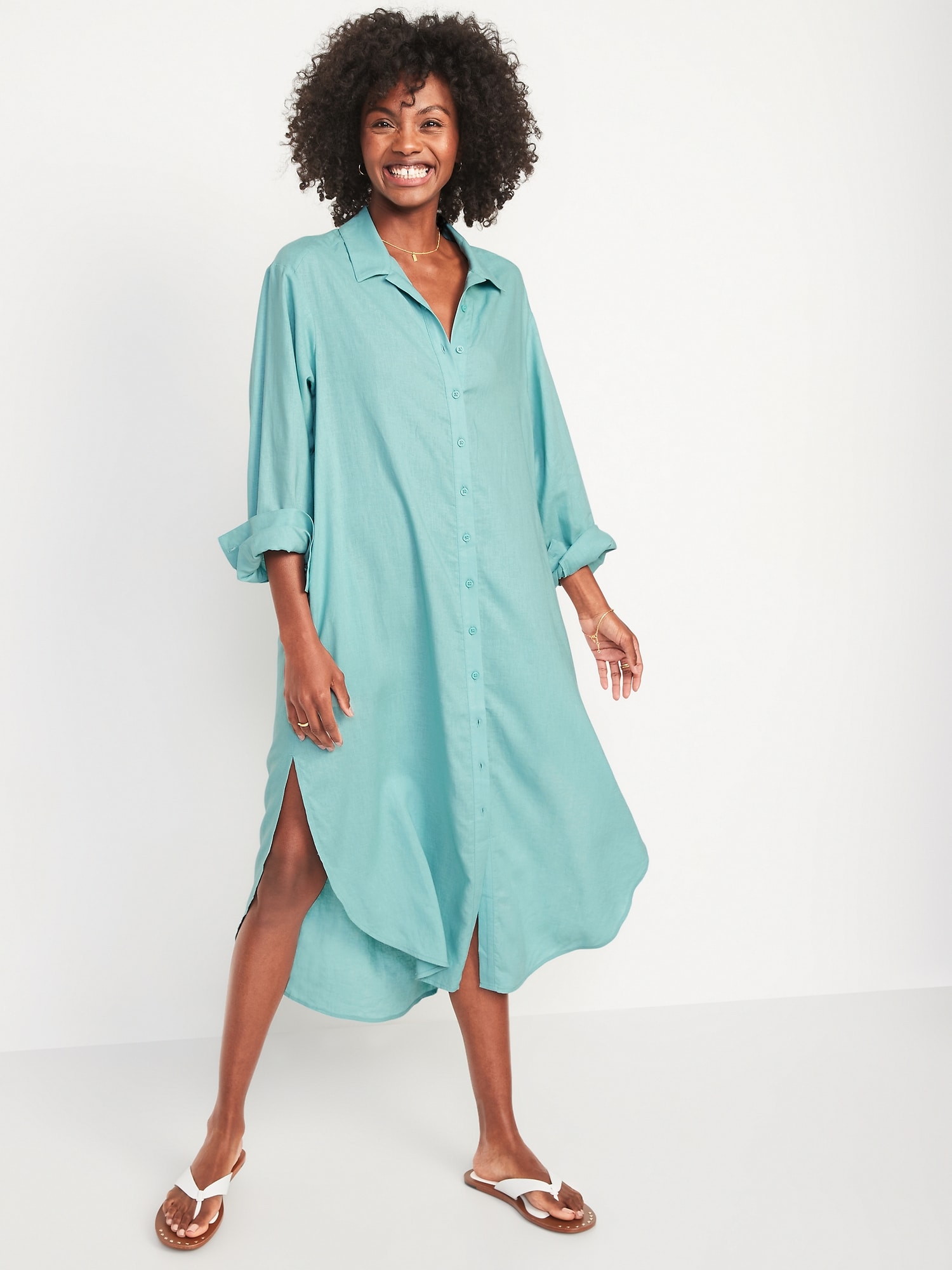 Long-Sleeve Linen-Blend Midi Shirt Dress for Women